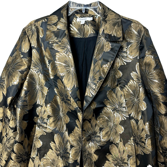 Chicos Metallic Floral Brocade Long Jacket Sz 3 Black Gold Evening Coat NWOT XL - Picture 3 of 15